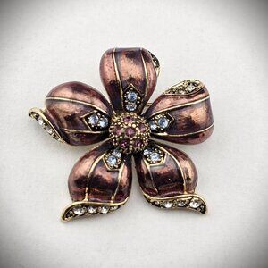 Little Signed Monet Purple Enamel Blue Rhinestone Flower Brooch Pin 1.25" Golden